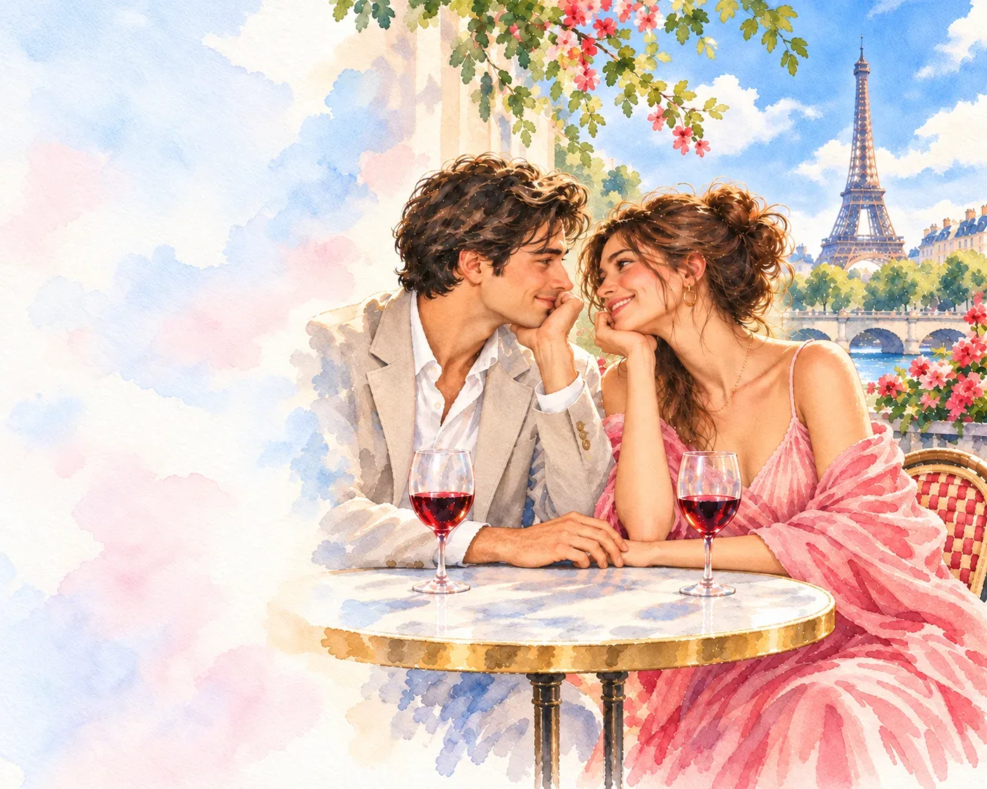 A painted couple gazing at each other over red wine at a Paris café, the Eiffel Tower behind them